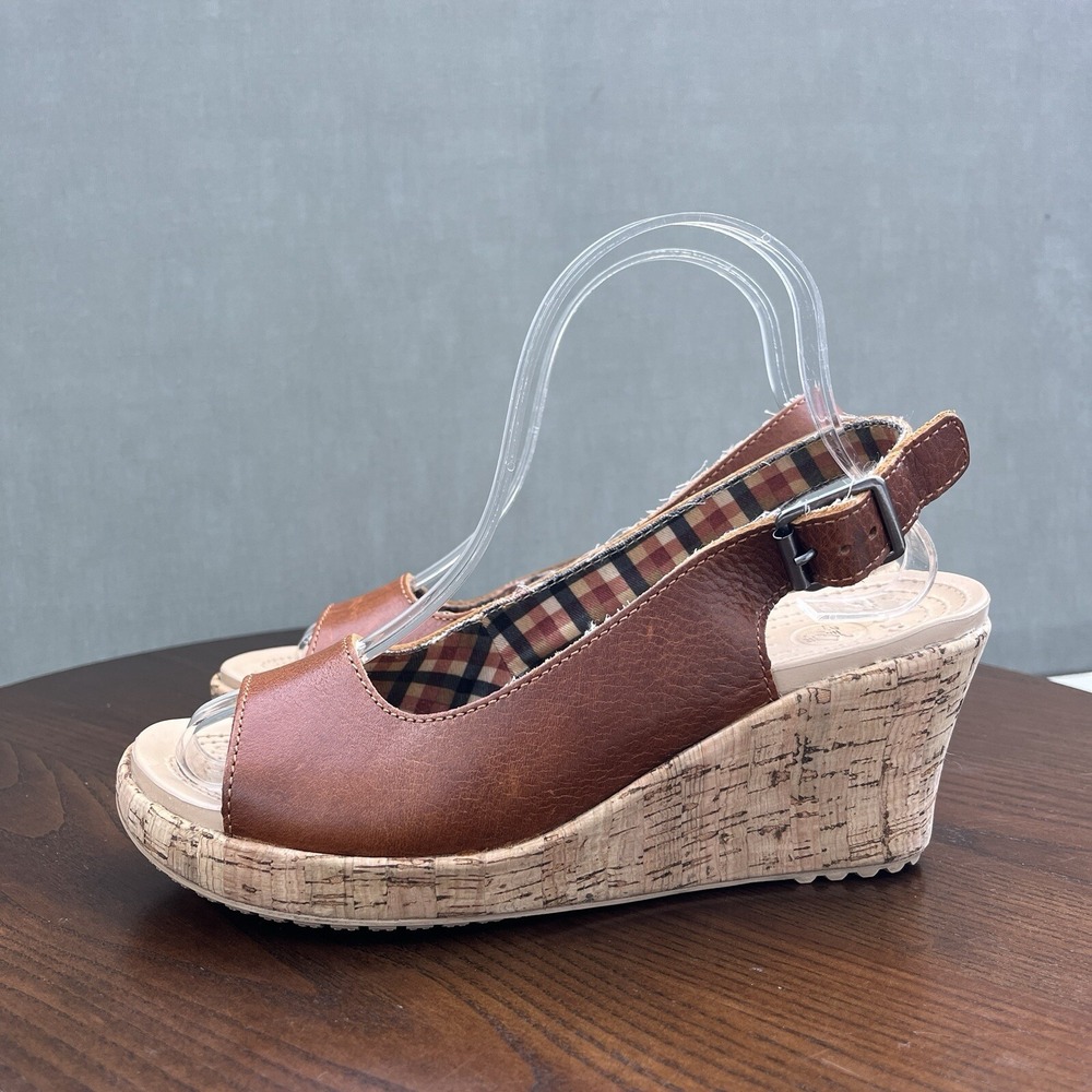 Crocs A Leigh Sandals Women's Size 8 Tan Brown Leather Cork Platform Wedge Shoes